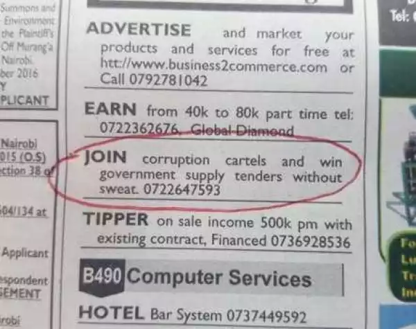 Shocking! Kenyan Newspaper Advert Seeking for Candidates to Join 